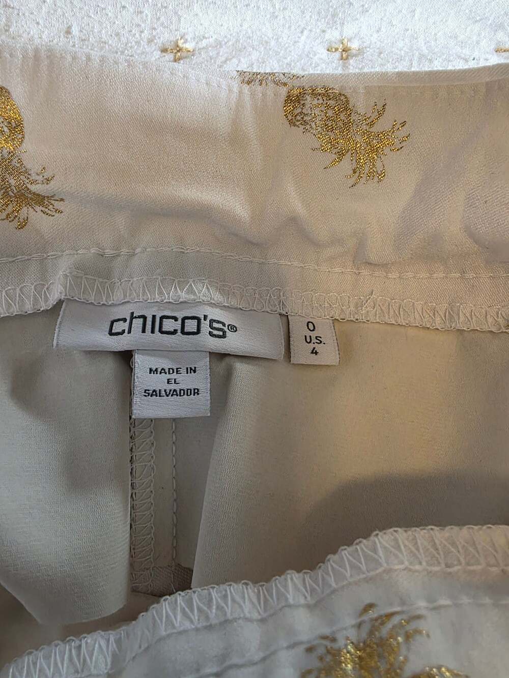 Chico's Brigette Ankle Pants in White with Gold Foil Pineapple Print - Picture 3 of 6